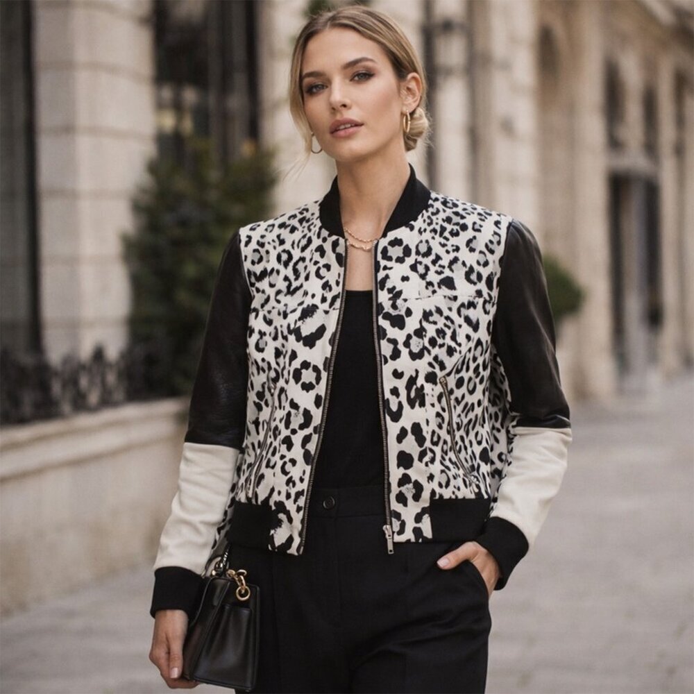 Nicholas - Leopard Print Leather Combo Bomber Jacket